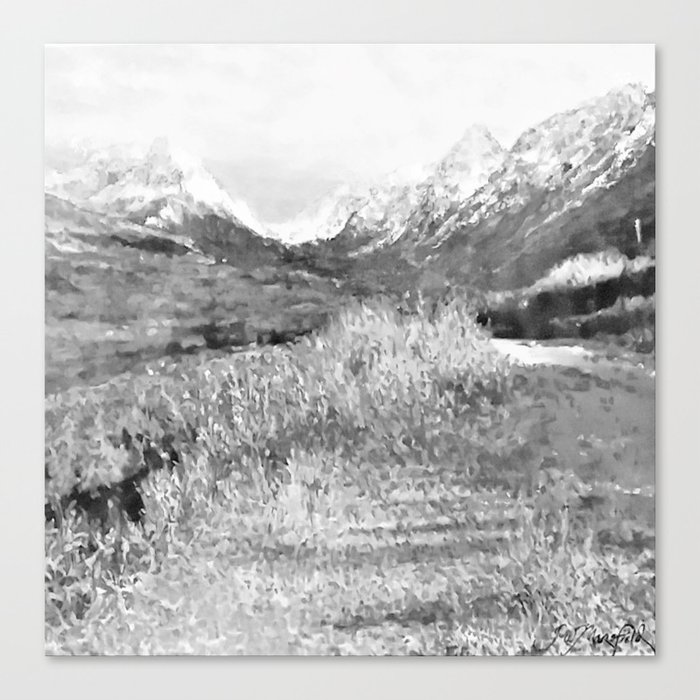 Glen Alps Walk, Grey Scale, Oil Pastel Drawing Canvas Print