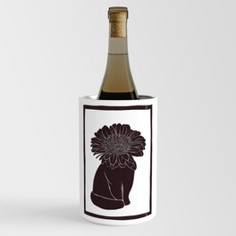 Flower head black cat linocut style illustration Wine Chiller