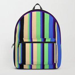 [ Thumbnail: Eye-catching Indigo, Royal Blue, Light Green, Tan & Black Colored Stripes Pattern Backpack ]