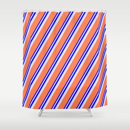 [ Thumbnail: Blue, Lavender & Coral Colored Lines/Stripes Pattern Shower Curtain ]
