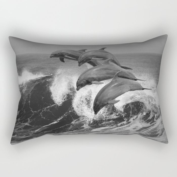 Four Bottle Noise Dolphins Jumping Waves In Tropical Ocean Black and White Animal Wildlife Photograph Rectangular Pillow and More