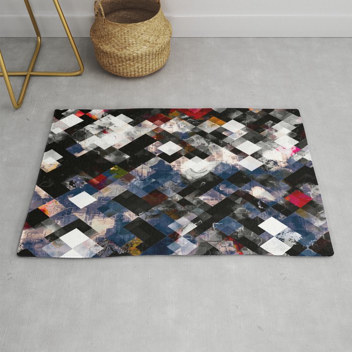 geometric pixel square pattern abstract background in blue red black Rug