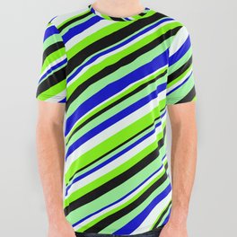 [ Thumbnail: Eyecatching Green, Blue, Mint Cream, Chartreuse, and Black Colored Lined/Striped Pattern All Over Graphic Tee ]