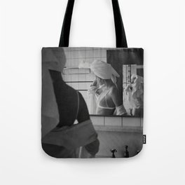 I hate Mondays; woman getting dressed in Brooklyn bathroom after shower elegant black and white photograph - photography - photographs Tote Bag