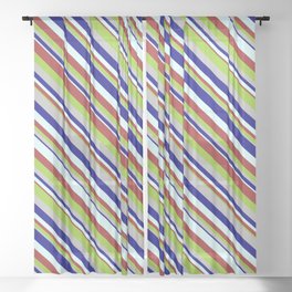 [ Thumbnail: Blue, Light Cyan, Brown, Green, and Grey Colored Striped Pattern Sheer Curtain ]