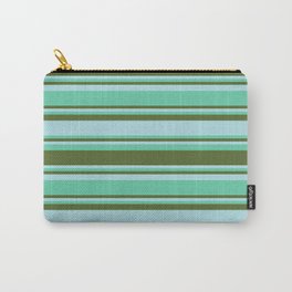 [ Thumbnail: Aquamarine, Dark Olive Green, and Powder Blue Colored Stripes/Lines Pattern Carry-All Pouch ]