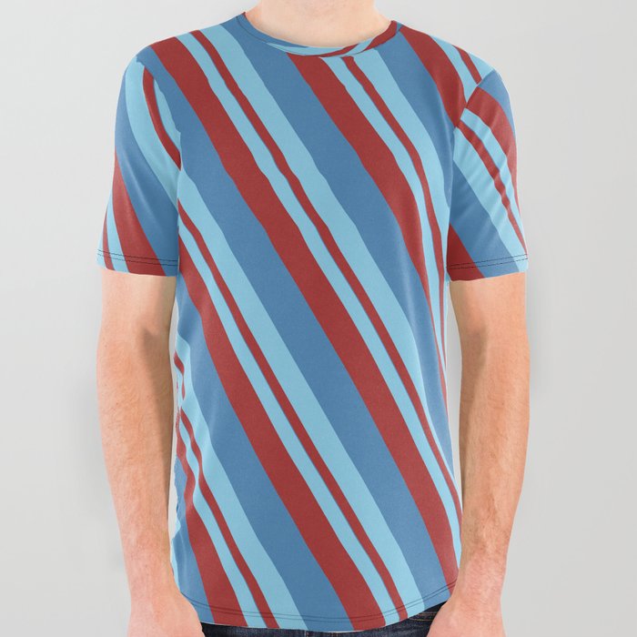 Sky Blue, Brown & Blue Colored Striped/Lined Pattern All Over Graphic Tee