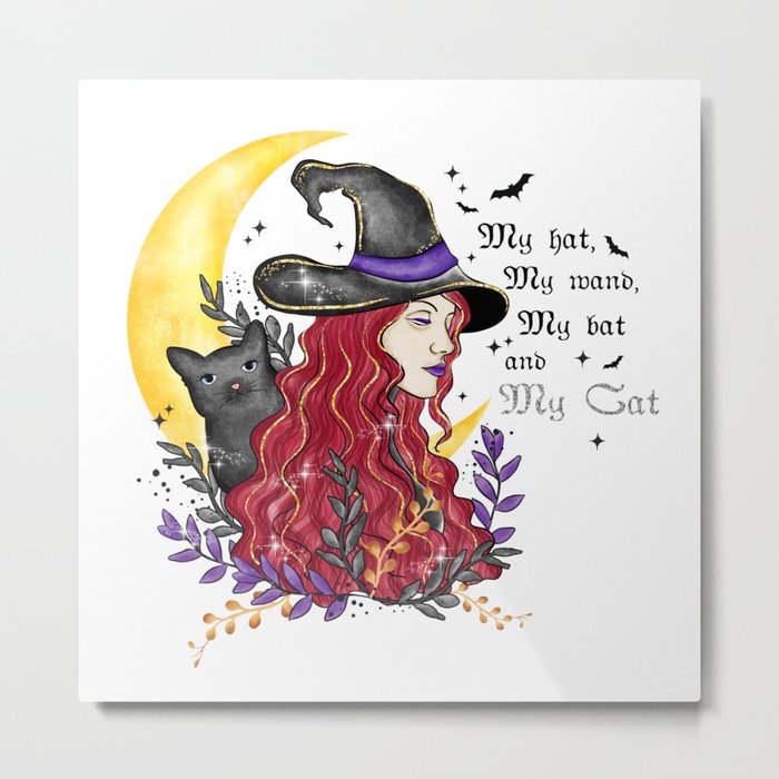 Cute red haired witch with cat Halloween Metal Print