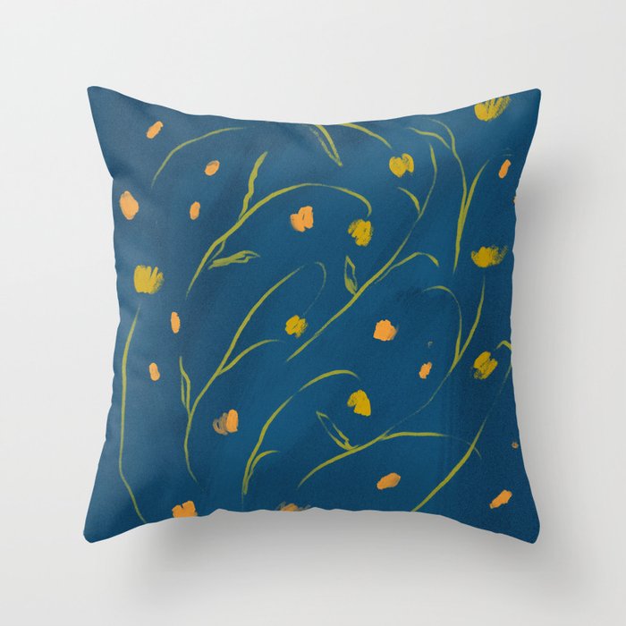 Yellow Orange Flower On Blue Backdrop | Floral Pattern Design Throw Pillow