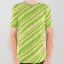[ Thumbnail: Green & Tan Colored Striped/Lined Pattern All Over Graphic Tee ]