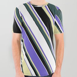 [ Thumbnail: Slate Blue, Pale Goldenrod, Dark Slate Gray, Black & White Colored Lined Pattern All Over Graphic Tee ]