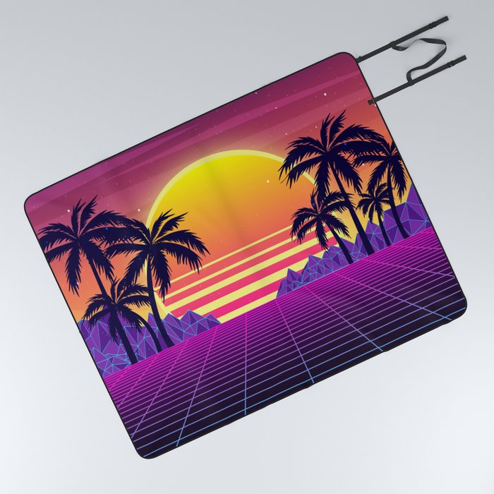 Glorious Scarlet Sunset Synthwave Picnic Blanket