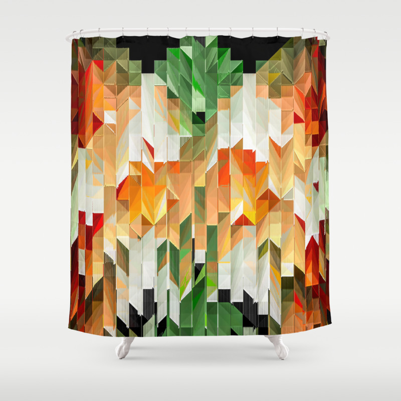 Geometric Tiled Orange Green Abstract Design Shower Curtain By