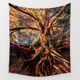 Impressions of Old Wood Wall Tapestry | Painting, Root, Abstract, Bark, Digital, Blue, Tree, Woods, Branch, Golden 