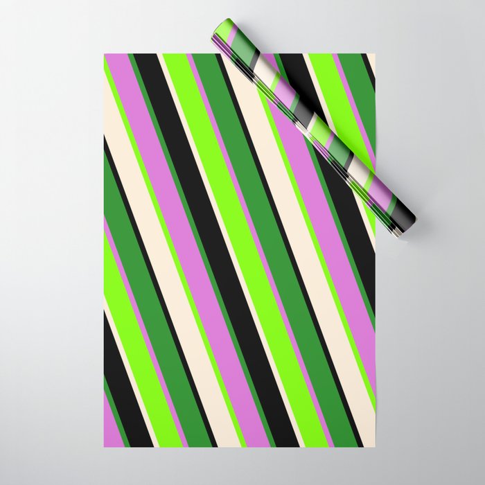 Colorful Green, Beige, Black, Forest Green, and Orchid Colored Stripes/Lines Pattern Wrapping Paper
