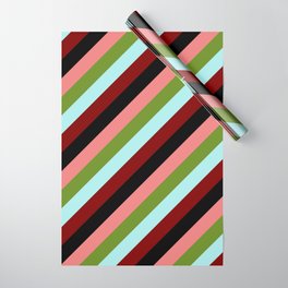 [ Thumbnail: Eyecatching Light Coral, Green, Turquoise, Maroon & Black Colored Striped/Lined Pattern Wrapping Paper ]