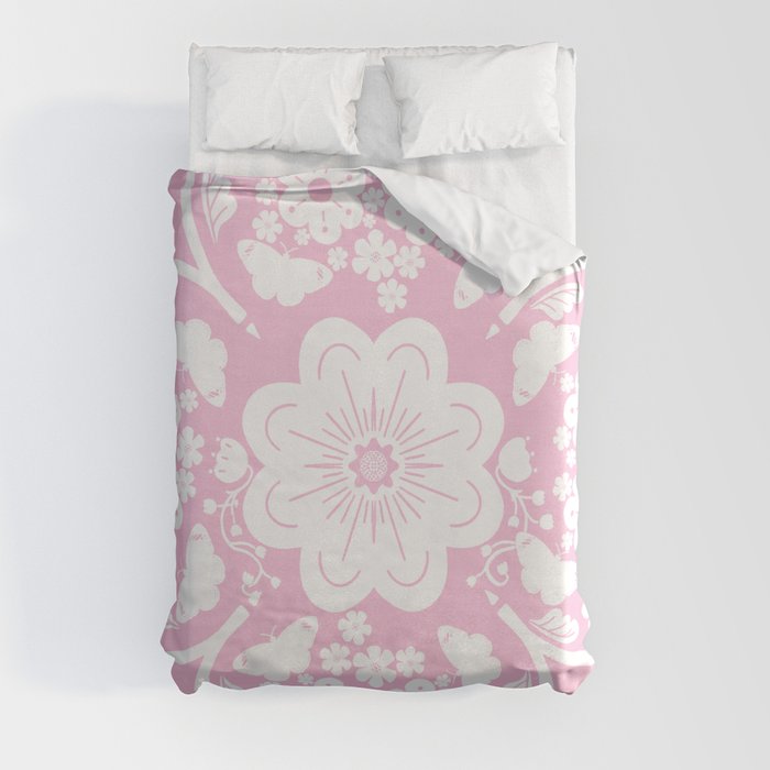 Pink Retro Modern Butterflies And Flowers Bandana Silhouette Pretty Cottagecore Cottage Pattern Duvet Cover