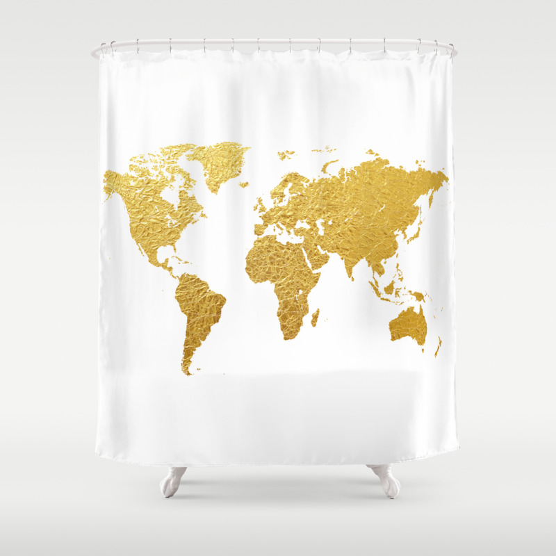 World Map Gold Foil Shower Curtain By, Gold Map Shower Curtain