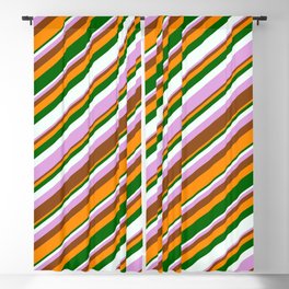 [ Thumbnail: Eyecatching Plum, Brown, Dark Orange, Dark Green & Mint Cream Colored Lined/Striped Pattern Blackout Curtain ]