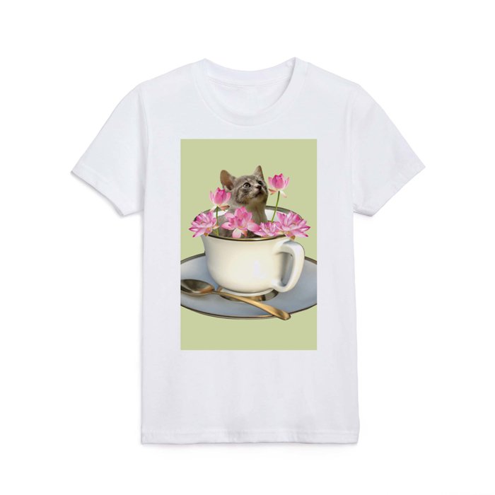 Grey Kitty Cat in Cup with Lotus Flower Kids T Shirt