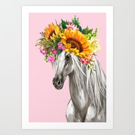 Sunflower Crown White Horse in Pink Art Print