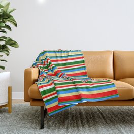 [ Thumbnail: Colorful Blue, Tan, Red, White, and Dark Green Colored Striped/Lined Pattern Throw Blanket ]