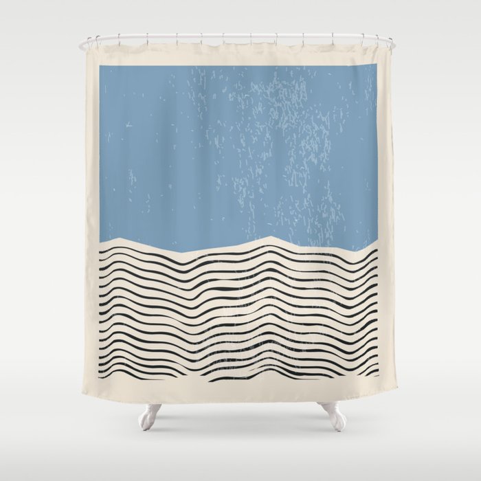 Mid Century Modern Minimalist Blue Waves Rothko Inspired Color Field With Lines Geometric Style  Shower Curtain