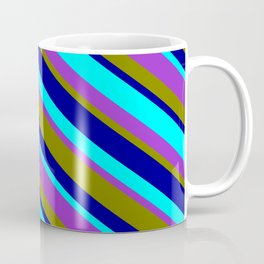 [ Thumbnail: Aqua, Dark Orchid, Green, and Dark Blue Colored Stripes/Lines Pattern Coffee Mug ]