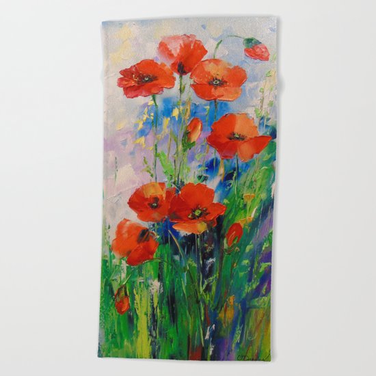 Poppies in a field Beach Towel