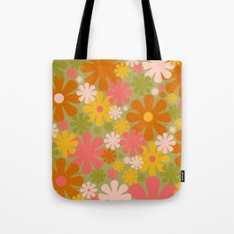 Retro 60s 70s Aesthetic Floral Pattern in Green Pink Yellow Orange Tote Bag