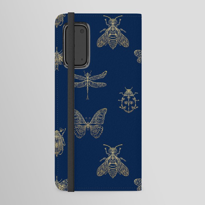 Golden Insects pattern on the blue background Android Wallet Case