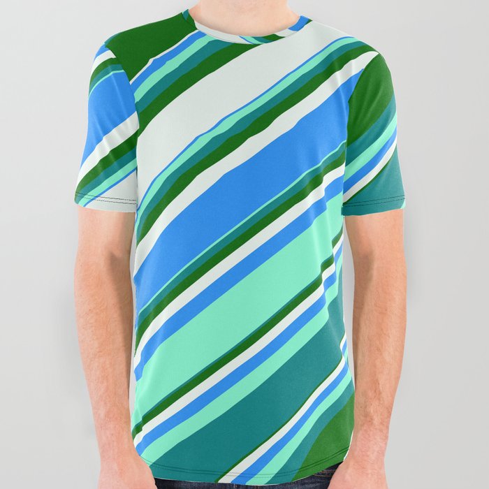 Colorful Blue, Aquamarine, Teal, Dark Green, and Mint Cream Colored Lines/Stripes Pattern All Over Graphic Tee