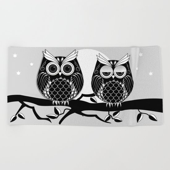 Graphic vector owl on branch in B&W Beach Towel