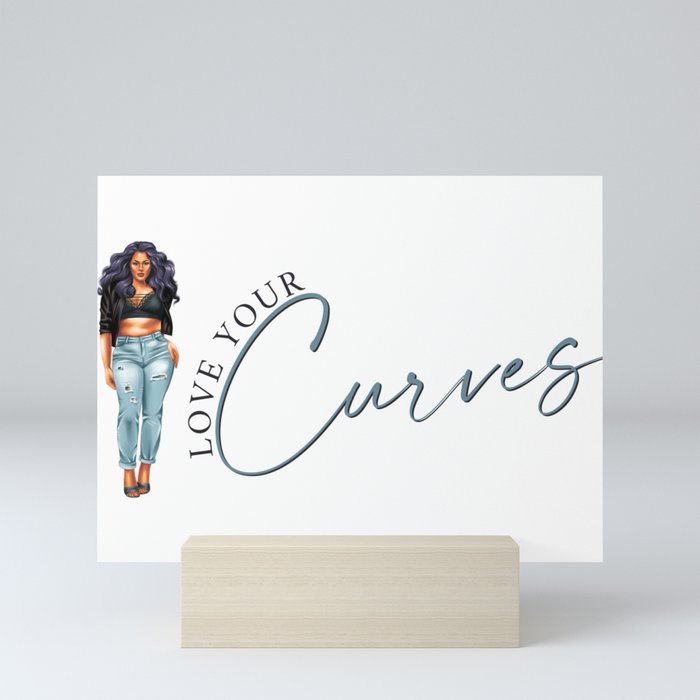 Love Your Curves Body Positivity Design - Curvy Girl Purple Hair Curved Text Mini Art Print