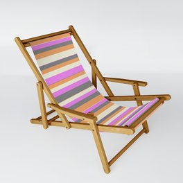 [ Thumbnail: Violet, Gray, Brown, and Beige Colored Lined/Striped Pattern Sling Chair ]