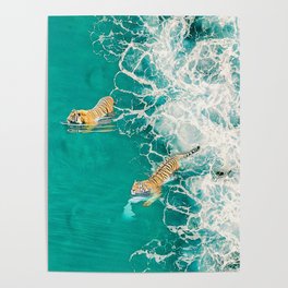 Big Cat Tiger Surfing At Beach Poster