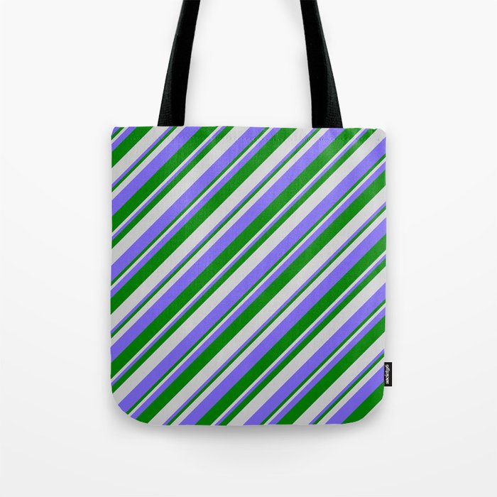 Light Gray, Medium Slate Blue & Green Colored Lines/Stripes Pattern Tote Bag