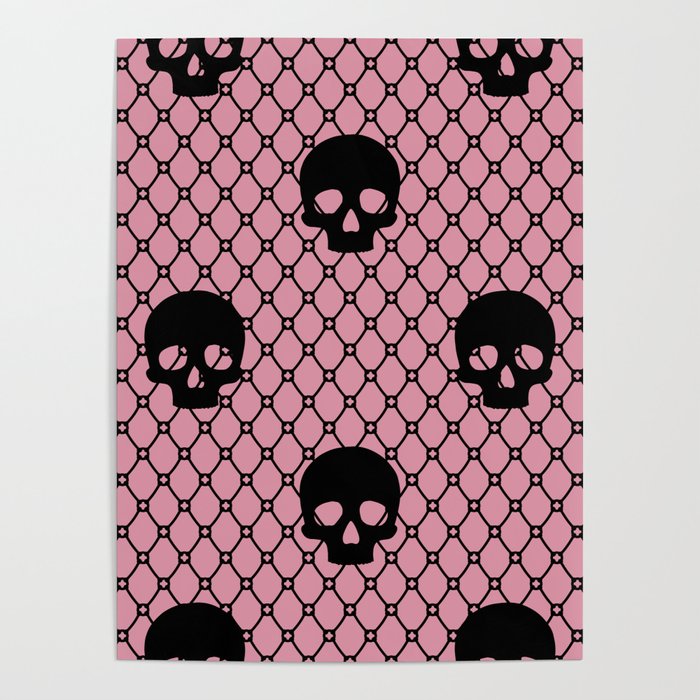 Black skulls Lace Gothic Pattern on Blush Pink Poster