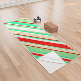 [ Thumbnail: Colorful Red, Light Green, Green, Mint Cream, and Beige Colored Striped Pattern Yoga Towel ]