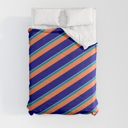 [ Thumbnail: Light Sky Blue, Teal, Coral, and Blue Colored Stripes Pattern Comforter ]