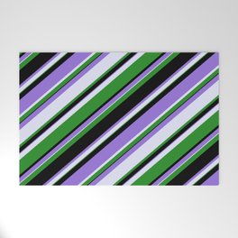 [ Thumbnail: Purple, Lavender, Forest Green & Black Colored Stripes Pattern Welcome Mat ]