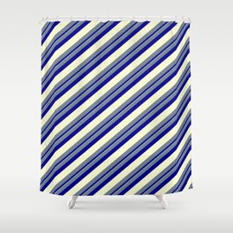 [ Thumbnail: Slate Gray, Dark Blue & Light Yellow Colored Lined Pattern Shower Curtain ]
