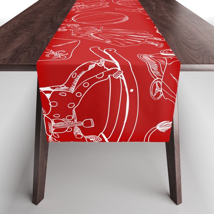 Red and White Toys Outline Pattern Table Runner