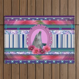 Dolphin in Pink Frame - Gerbera Flowers Outdoor Rug
