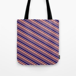 [ Thumbnail: Light Salmon & Midnight Blue Colored Stripes/Lines Pattern Tote Bag ]