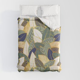 Leaf wall // navy blue pine and sage green leaves golden lines Duvet Cover
