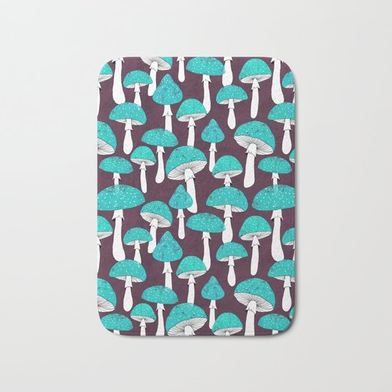 Blue mushrooms field on plum violet Bath Mat