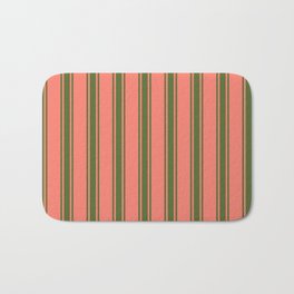 [ Thumbnail: Salmon & Dark Olive Green Colored Stripes Pattern Bath Mat ]