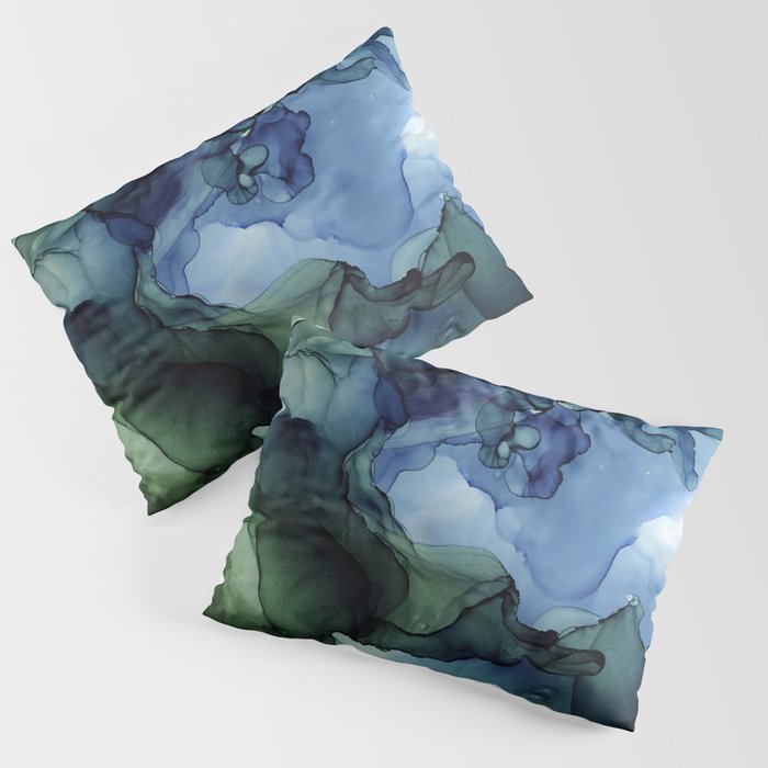 Blue Green Waves Abstract Ink Painting Pillow Sham