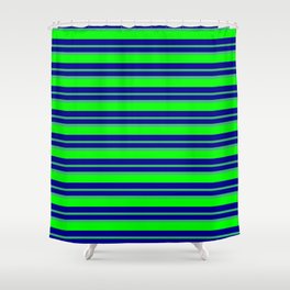 [ Thumbnail: Dark Blue, Sea Green & Lime Colored Lined/Striped Pattern Shower Curtain ]